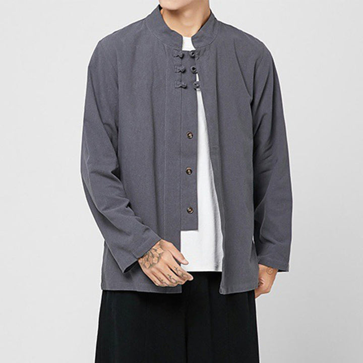 Camisa de traje Tang de algodón de manga larga para hombre con botones de rana chinos y abertura lateral con Buddha Stones - image 2