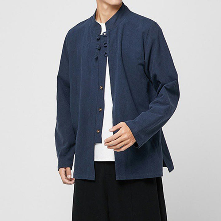 Camisa de traje Tang de algodón de manga larga para hombre con botones de rana chinos y abertura lateral con Buddha Stones - image 15