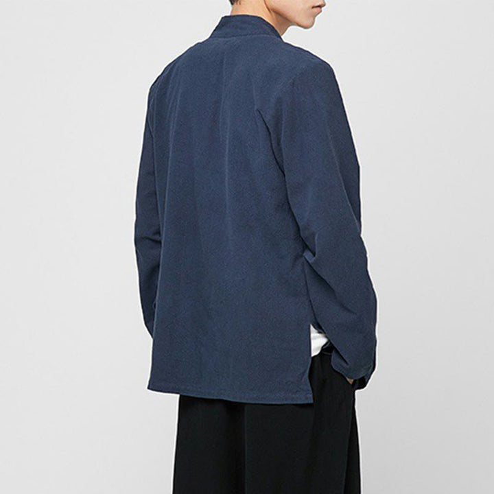 Camisa de traje Tang de algodón de manga larga para hombre con botones de rana chinos y abertura lateral con Buddha Stones - image 18