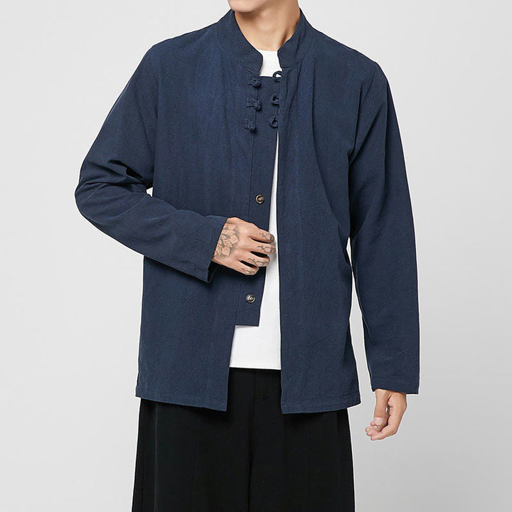 Camisa de traje Tang de algodón de manga larga para hombre con botones de rana chinos y abertura lateral con Buddha Stones - Azul oscuro - US/UK/AU46, EU56 (5XL) - image 12