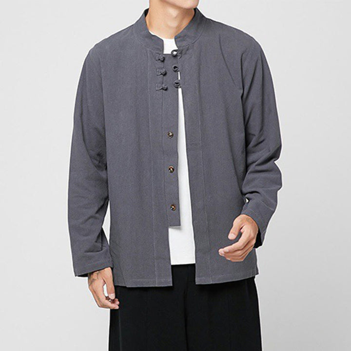 Camisa de traje Tang de algodón de manga larga para hombre con botones de rana chinos y abertura lateral con Buddha Stones - image 5