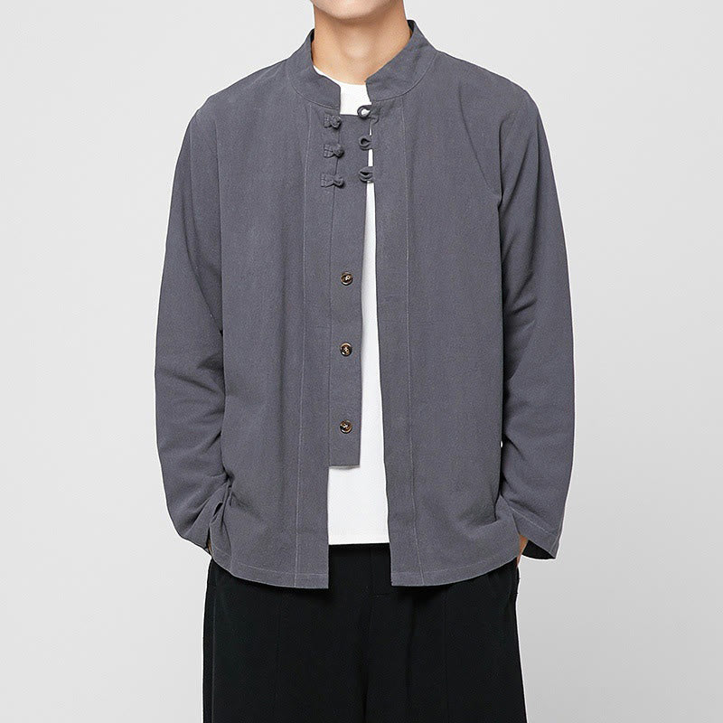 Camisa de traje Tang de algodón de manga larga para hombre con botones de rana chinos y abertura lateral con Buddha Stones - Gris pizarra claro - US/UK/AU46, EU56 (5XL) - image 0