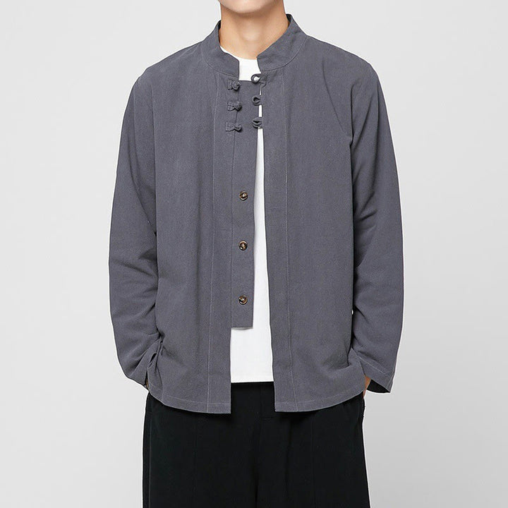 Camisa de traje Tang de algodón de manga larga para hombre con botones de rana chinos y abertura lateral con Buddha Stones - Gris pizarra claro - US/UK/AU46, EU56 (5XL) - image 0