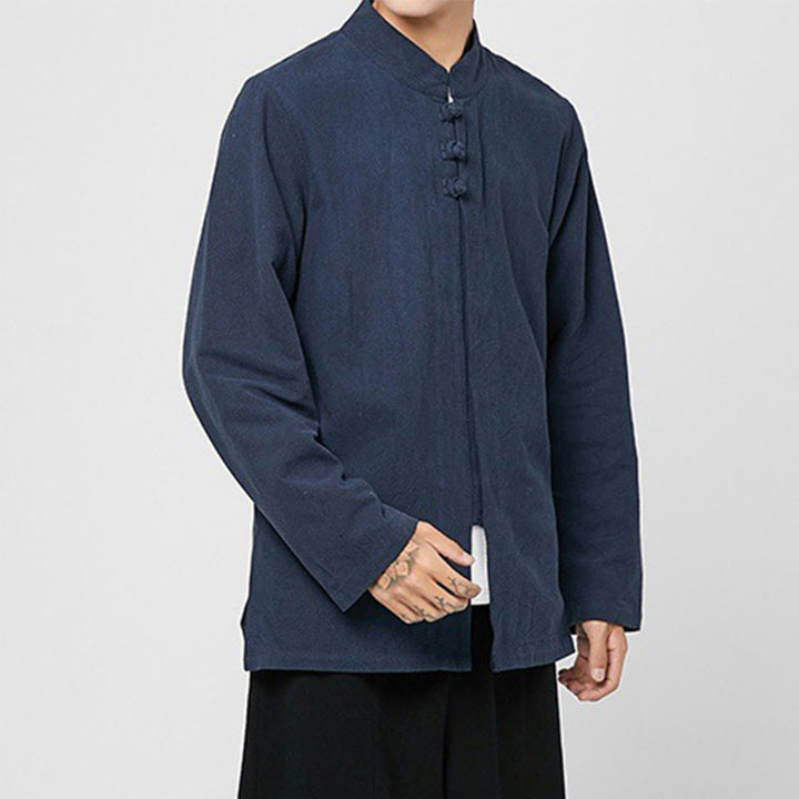 Camisa de traje Tang de algodón de manga larga para hombre con botones de rana chinos y abertura lateral con Buddha Stones - image 17