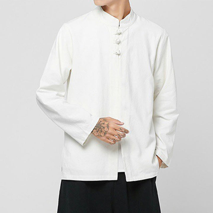 Camisa de traje Tang de algodón de manga larga para hombre con botones de rana chinos y abertura lateral con Buddha Stones - image 25