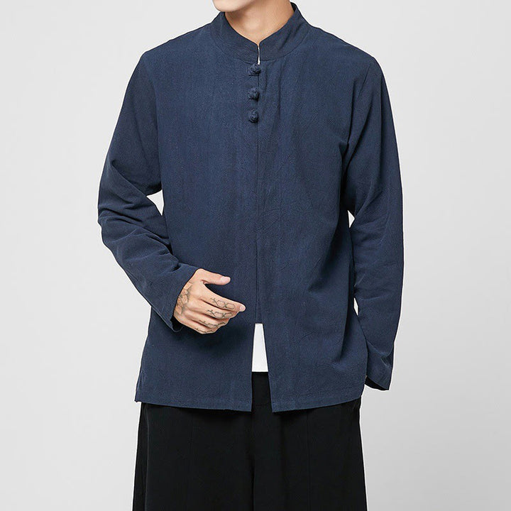 Camisa de traje Tang de algodón de manga larga para hombre con botones de rana chinos y abertura lateral con Buddha Stones - image 14