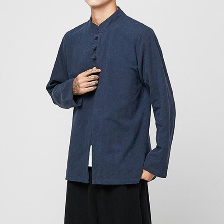 Camisa de traje Tang de algodón de manga larga para hombre con botones de rana chinos y abertura lateral con Buddha Stones - image 13