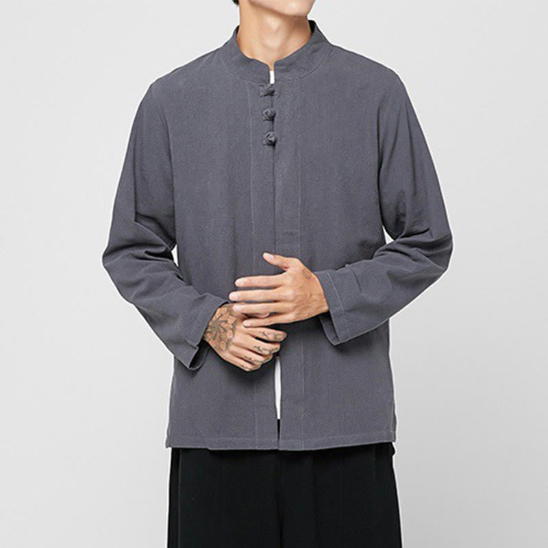 Camisa de traje Tang de algodón de manga larga para hombre con botones de rana chinos y abertura lateral con Buddha Stones - image 3