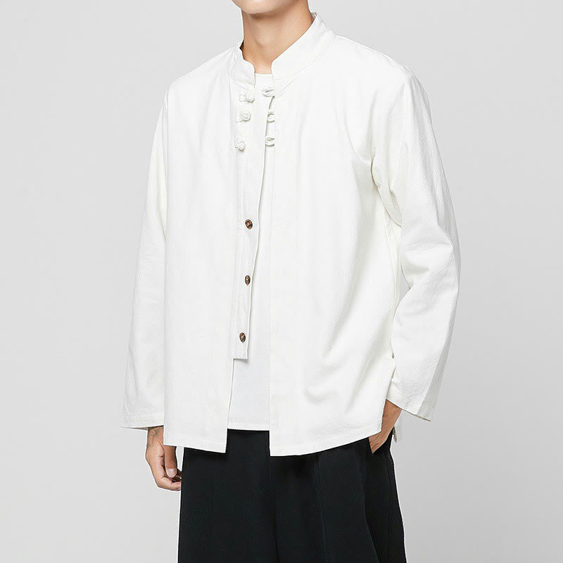 Camisa de traje Tang de algodón de manga larga para hombre con botones de rana chinos y abertura lateral con Buddha Stones - Blanco - US/UK/AU46, EU56 (5XL) - image 20