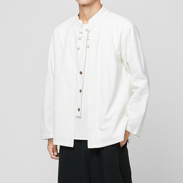 Camisa de traje Tang de algodón de manga larga para hombre con botones de rana chinos y abertura lateral con Buddha Stones - Blanco - US/UK/AU46, EU56 (5XL) - image 20