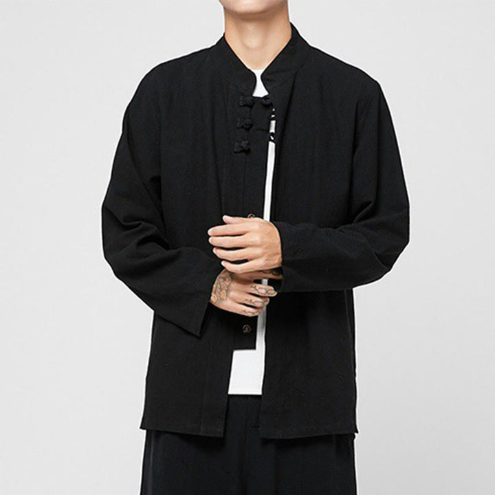 Camisa de traje Tang de algodón de manga larga para hombre con botones de rana chinos y abertura lateral con Buddha Stones - image 9
