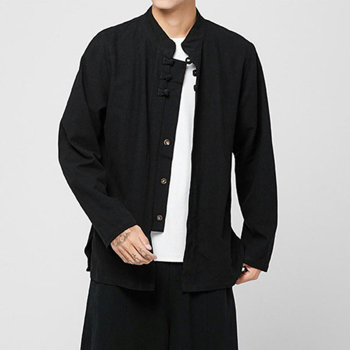 Camisa de traje Tang de algodón de manga larga para hombre con botones de rana chinos y abertura lateral con Buddha Stones - image 8