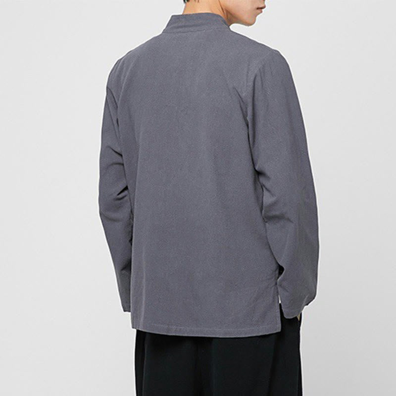 Camisa de traje Tang de algodón de manga larga para hombre con botones de rana chinos y abertura lateral con Buddha Stones - image 6