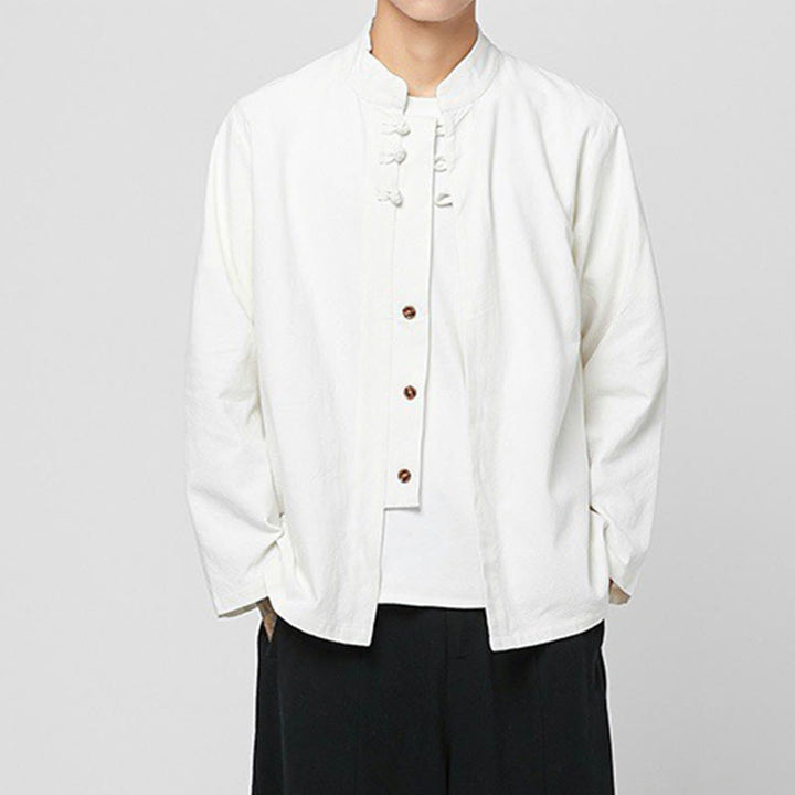 Camisa de traje Tang de algodón de manga larga para hombre con botones de rana chinos y abertura lateral con Buddha Stones - image 24