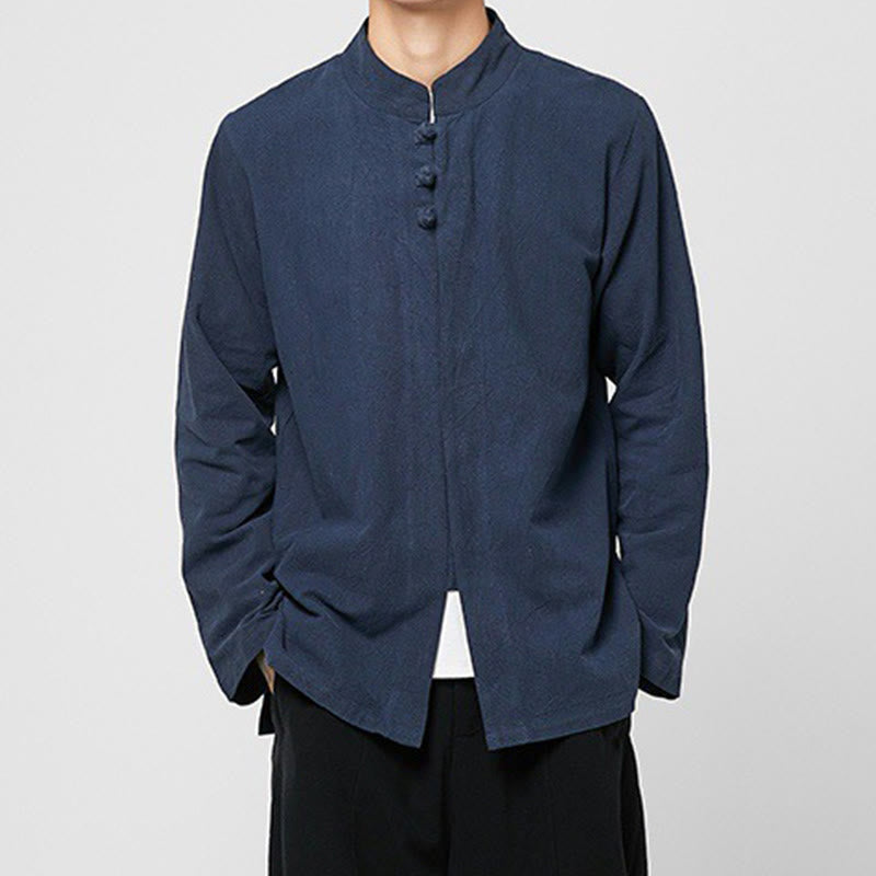 Camisa de traje Tang de algodón de manga larga para hombre con botones de rana chinos y abertura lateral con Buddha Stones - image 16
