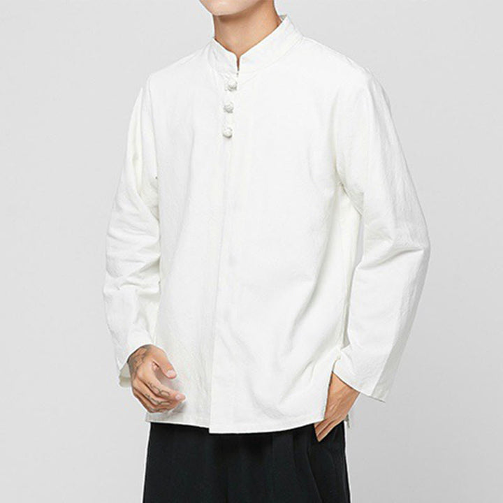 Camisa de traje Tang de algodón de manga larga para hombre con botones de rana chinos y abertura lateral con Buddha Stones - image 22