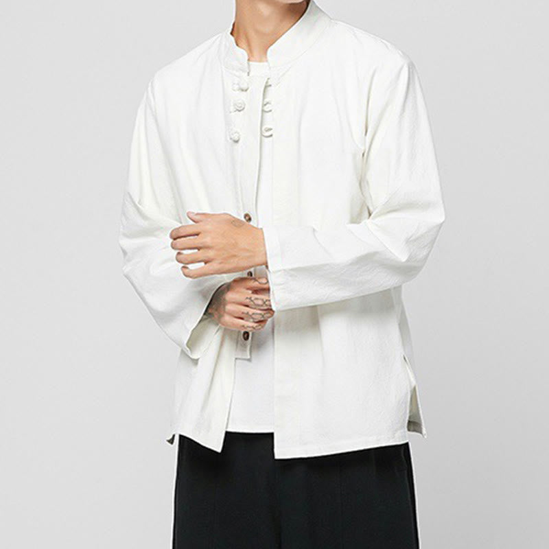 Camisa de traje Tang de algodón de manga larga para hombre con botones de rana chinos y abertura lateral con Buddha Stones - image 23