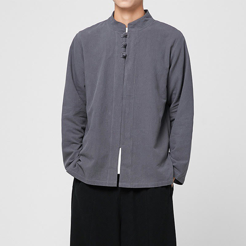 Camisa de traje Tang de algodón de manga larga para hombre con botones de rana chinos y abertura lateral con Buddha Stones - image 1