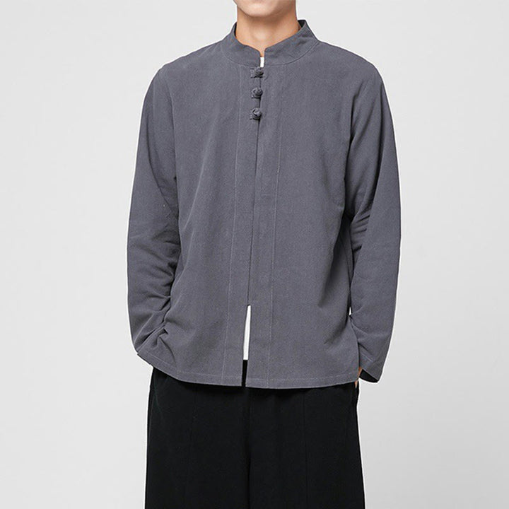 Camisa de traje Tang de algodón de manga larga para hombre con botones de rana chinos y abertura lateral con Buddha Stones - image 1
