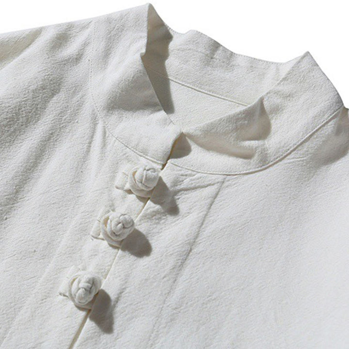 Camisa de traje Tang de algodón de manga larga para hombre con botones de rana chinos y abertura lateral con Buddha Stones - image 29