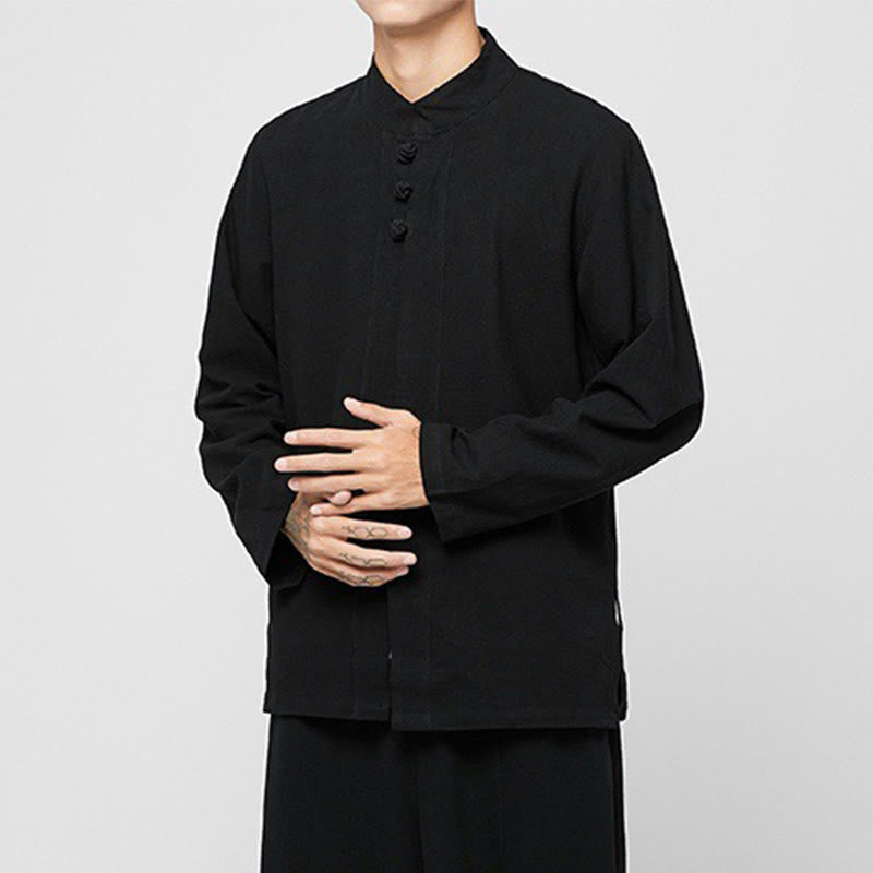 Camisa de traje Tang de algodón de manga larga para hombre con botones de rana chinos y abertura lateral con Buddha Stones - image 10