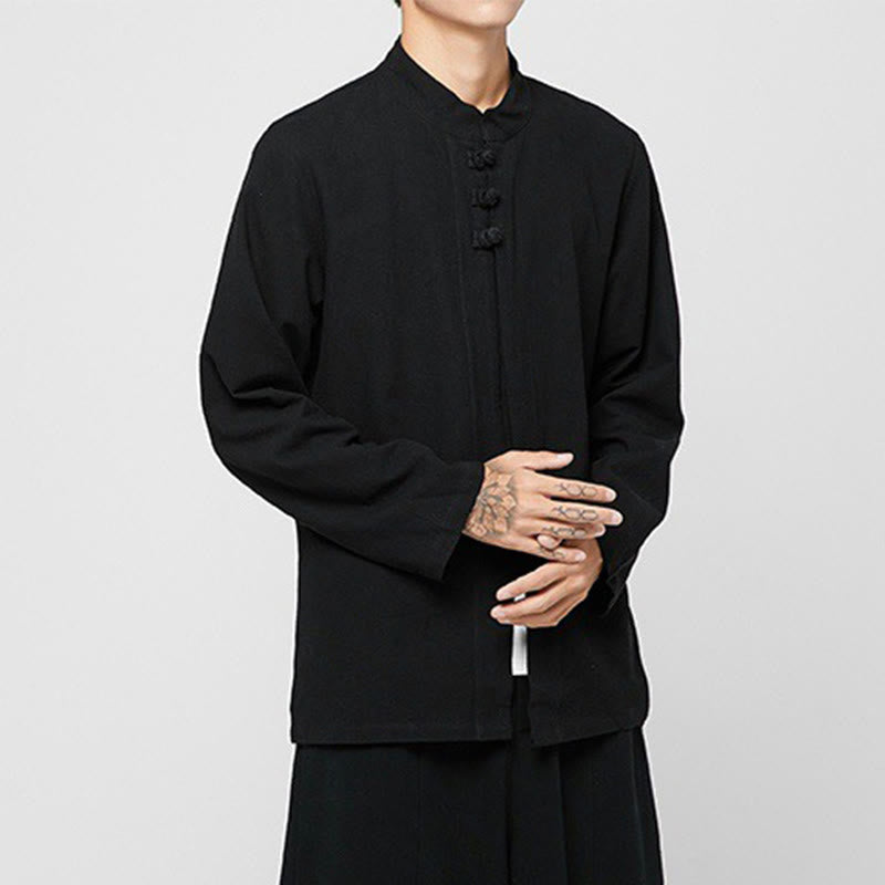 Camisa de traje Tang de algodón de manga larga para hombre con botones de rana chinos y abertura lateral con Buddha Stones - image 11
