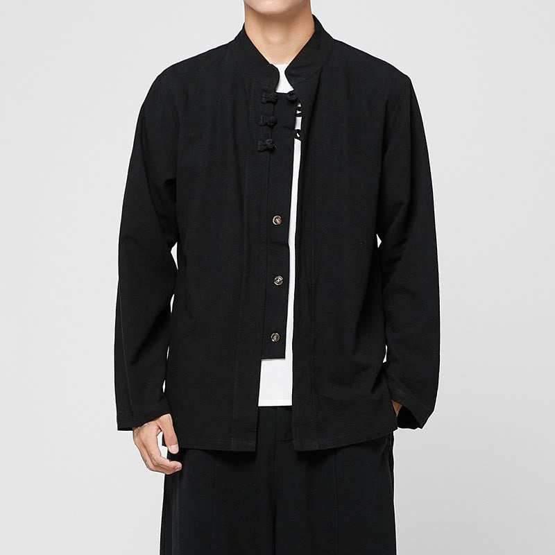 Camisa de traje Tang de algodón de manga larga para hombre con botones de rana chinos y abertura lateral con Buddha Stones - Negro - US/UK/AU46, EU56 (5XL) - image 7