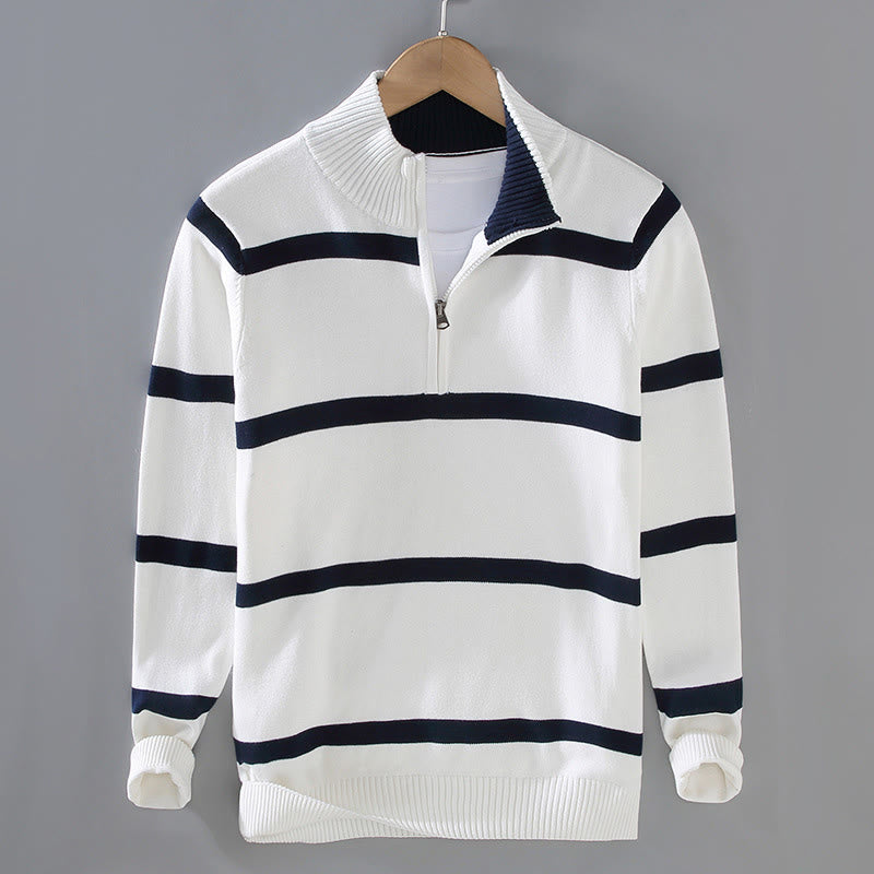 Suéter de algodón de manga larga para hombre con diseño de media cremallera y rayas en contraste de colores y Buddha Stones - Raya blanca azul medianoche - US/UK/AU42, EU52 (3XL) - image 1