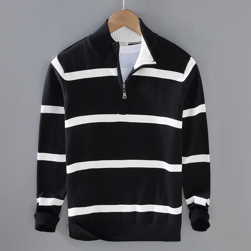 Suéter de algodón de manga larga para hombre con diseño de media cremallera y rayas en contraste de colores y Buddha Stones - Rayas blancas y negras - US/UK/AU42, EU52 (3XL) - image 0