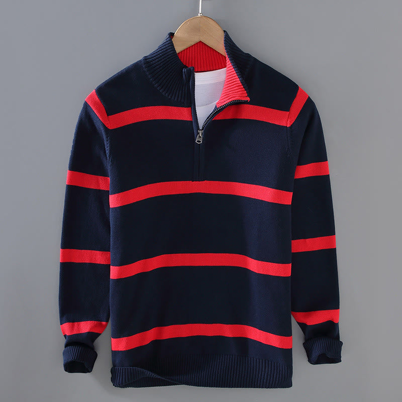 Suéter de algodón de manga larga para hombre con diseño de media cremallera y rayas en contraste de colores y Buddha Stones - Raya roja azul medianoche - US/UK/AU42, EU52 (3XL) - image 12