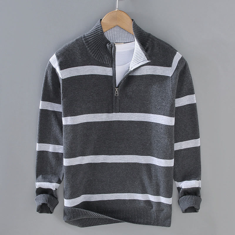 Suéter de algodón de manga larga para hombre con diseño de media cremallera y rayas en contraste de colores y Buddha Stones - Raya gris oscuro DimGray - US/UK/AU42, EU52 (3XL) - image 10