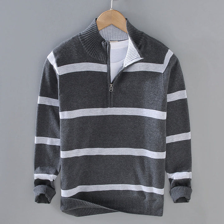 Suéter de algodón de manga larga para hombre con diseño de media cremallera y rayas en contraste de colores y Buddha Stones - Raya gris oscuro DimGray - US/UK/AU42, EU52 (3XL) - image 10