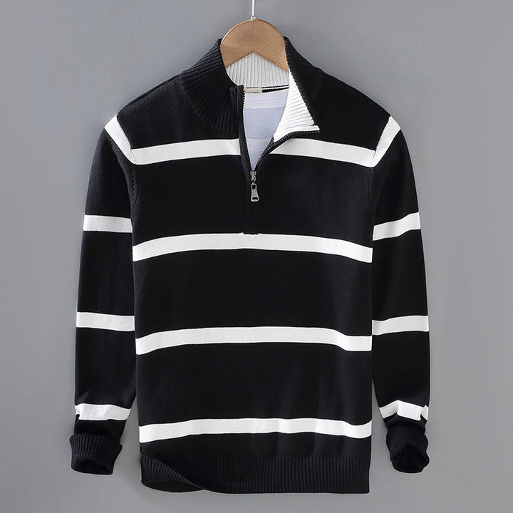 Suéter de algodón de manga larga para hombre con diseño de media cremallera y rayas en contraste de colores y Buddha Stones - Raya blanca y negra - US/UK/AU42, EU52 (3XL) - image 0
