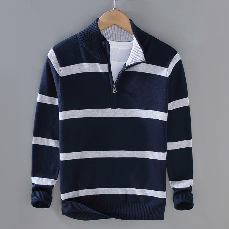 Suéter de algodón de manga larga para hombre con diseño de media cremallera y rayas en contraste de colores y Buddha Stones - Raya gris claro azul medianoche - US/UK/AU42, EU52 (3XL) - image 11