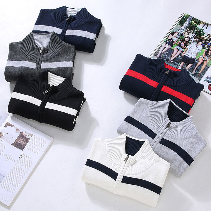 Suéter de algodón de manga larga para hombre con diseño de media cremallera y rayas en contraste de colores y Buddha Stones - image 13