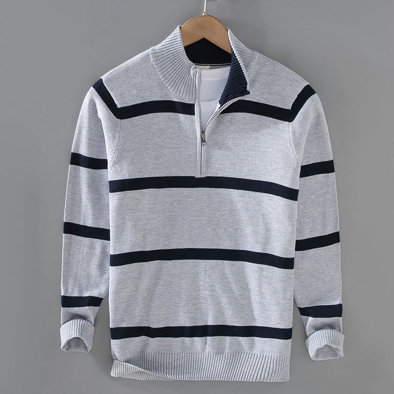 Suéter de algodón de manga larga para hombre con diseño de media cremallera y rayas en contraste de colores y Buddha Stones - Raya azul medianoche gris oscuro - US/UK/AU42, EU52 (3XL) - image 9