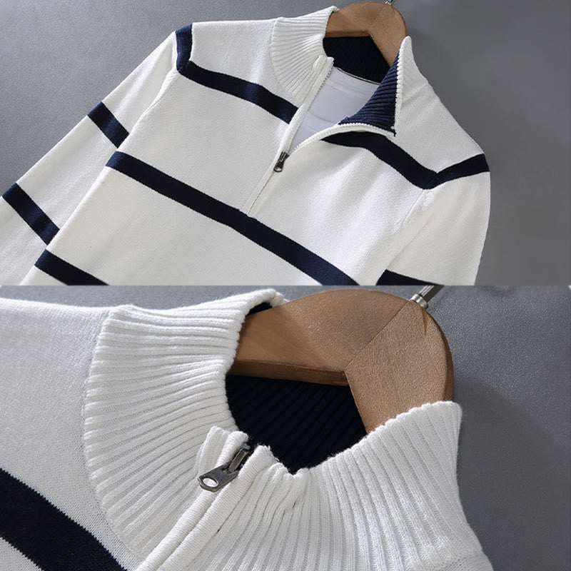 Suéter de algodón de manga larga para hombre con diseño de media cremallera y rayas en contraste de colores y Buddha Stones - image 4