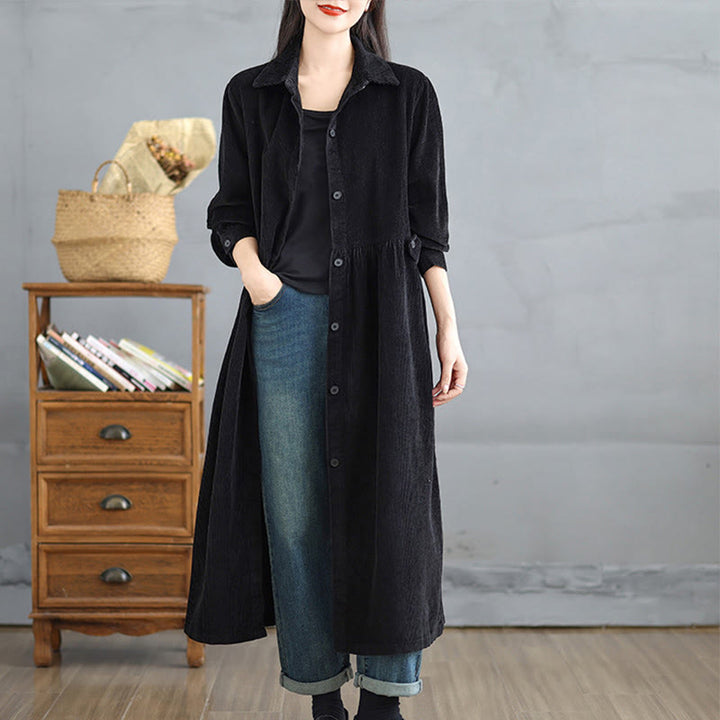 Abrigo de pana de algodón para mujer, de manga larga, con botones y bolsillos , de Buddha Stones - Negro - US12, UK/AU16, EU44 (2XL) - image 10