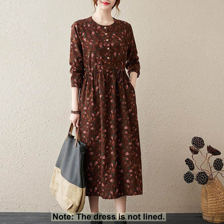 Vestido midi de algodón con mangas largas y bolsillos para mujer, diseño floral y cordón ajustable de Buddha Stones Commute - image 32