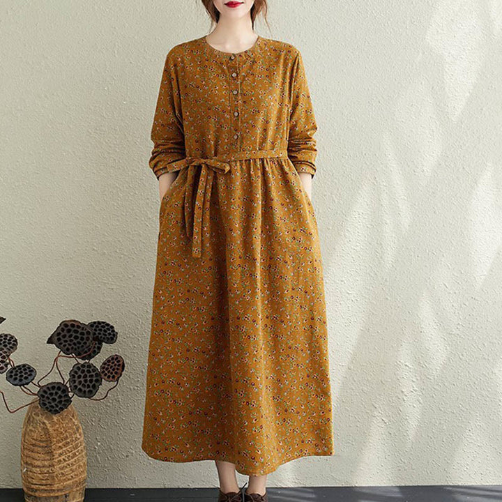 Vestido midi de algodón con mangas largas y bolsillos para mujer, diseño floral y cordón ajustable de Buddha Stones Commute - Vara de oro oscura - US12, UK/AU16, EU44 (3XL) - image 6