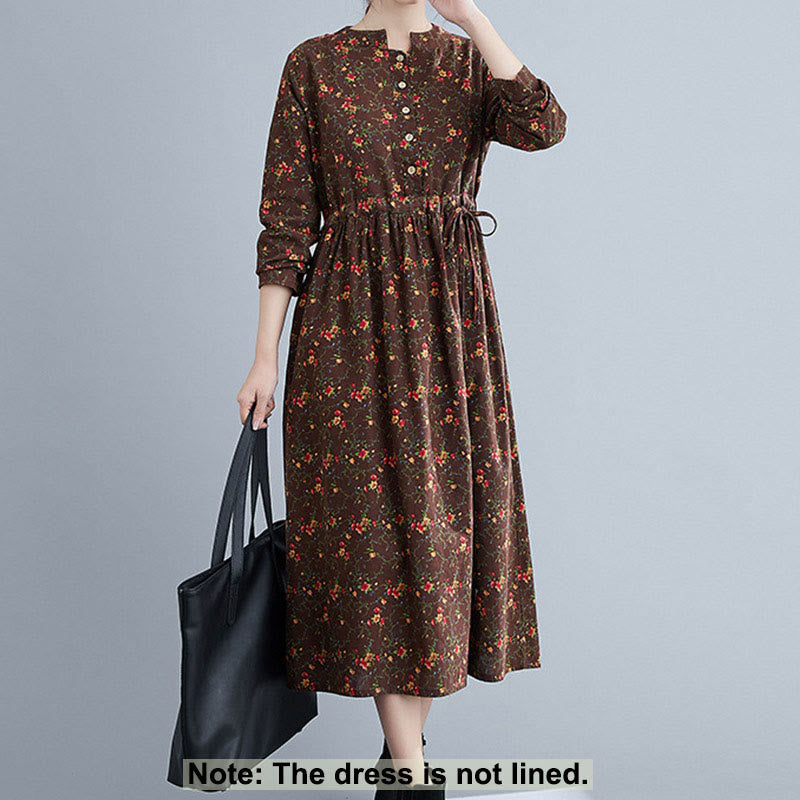 Vestido midi de algodón con mangas largas y bolsillos para mujer, diseño floral y cordón ajustable de Buddha Stones Commute - image 1