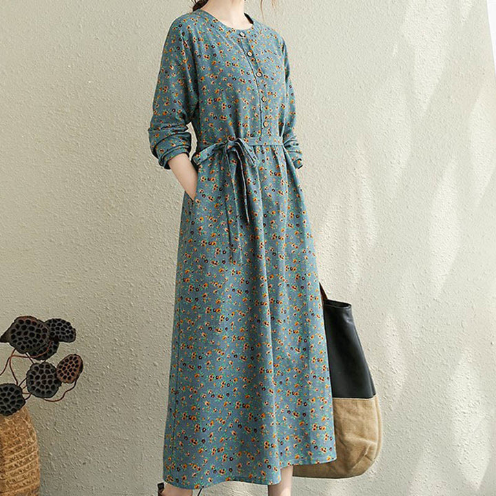 Vestido midi de algodón con mangas largas y bolsillos para mujer, diseño floral y cordón ajustable de Buddha Stones Commute - Aguamarina mediana - US12, UK/AU16, EU44 (3XL) - image 8