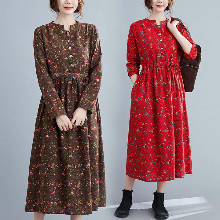 Vestido midi de algodón con mangas largas y bolsillos para mujer, diseño floral y cordón ajustable de Buddha Stones Commute - image 33