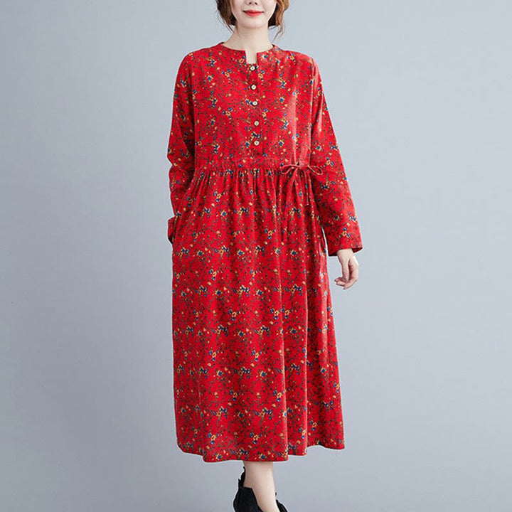 Vestido midi de algodón con mangas largas y bolsillos para mujer, diseño floral y cordón ajustable de Buddha Stones Commute - Rojo - US12, UK/AU16, EU44 (3XL) - image 17