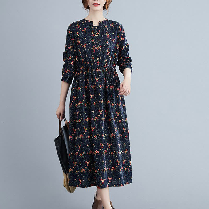 Vestido midi de algodón con mangas largas y bolsillos para mujer, diseño floral y cordón ajustable de Buddha Stones Commute - Azul medianoche - US12, UK/AU16, EU44 (3XL) - image 12