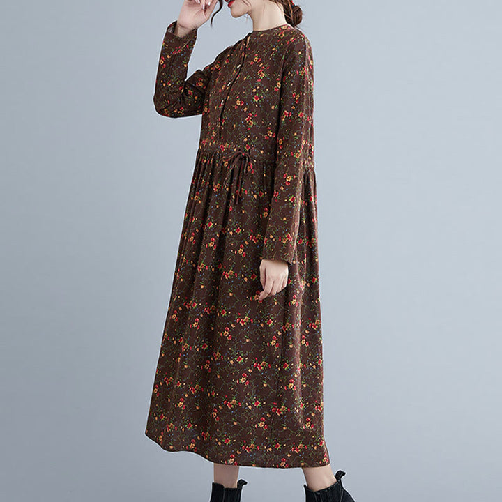 Vestido midi de algodón con mangas largas y bolsillos para mujer, diseño floral y cordón ajustable de Buddha Stones Commute - image 4