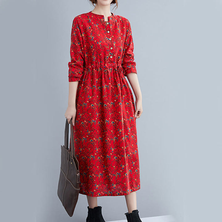 Vestido midi de algodón con mangas largas y bolsillos para mujer, diseño floral y cordón ajustable de Buddha Stones Commute - image 20