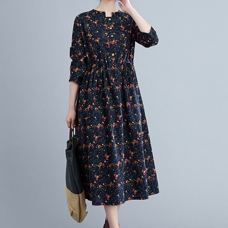 Vestido midi de algodón con mangas largas y bolsillos para mujer, diseño floral y cordón ajustable de Buddha Stones Commute - image 14