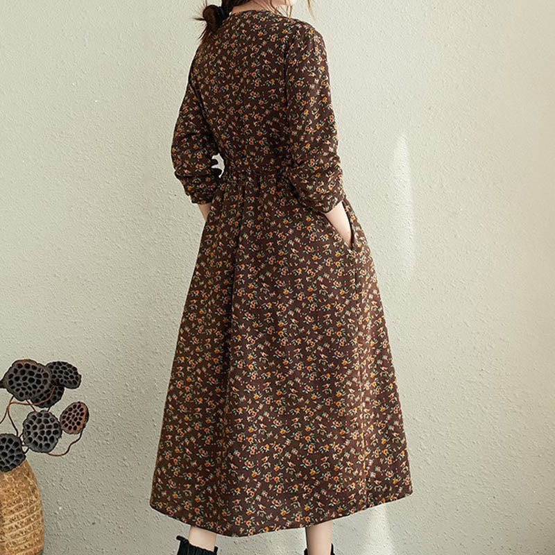 Vestido midi de algodón con mangas largas y bolsillos para mujer, diseño floral y cordón ajustable de Buddha Stones Commute - Perú - US12, UK/AU16, EU44 (3XL) - image 10