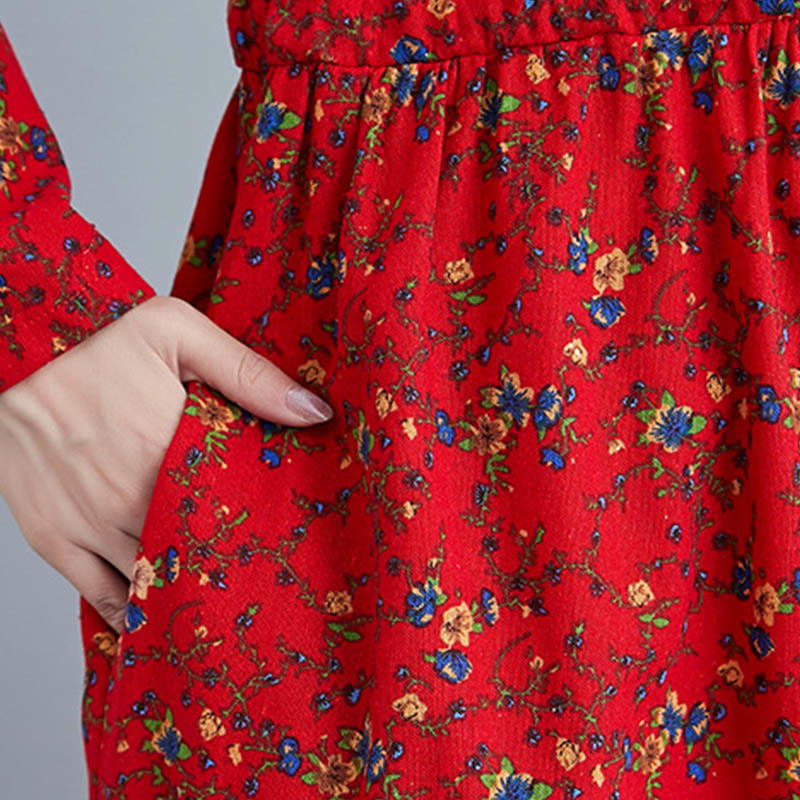 Vestido midi de algodón con mangas largas y bolsillos para mujer, diseño floral y cordón ajustable de Buddha Stones Commute - image 26